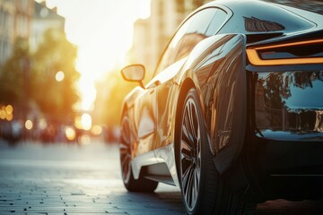Sleek modern electric vehicle with low profile tires in city square under sun flare lighting