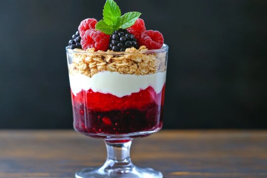 A parfait glass layered with yoghurt, granola, and fresh berries