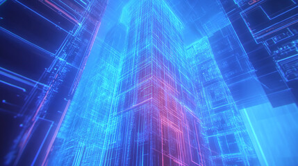 Obraz premium Abstract digital city with neon glowing lines forming complex grid structures. The image represents the concept of futuristic technology, data visualization, and digital transformation.