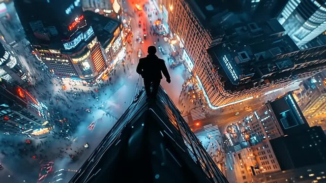A daring individual stands atop a skyscraper, overlooking a vibrant cityscape at night