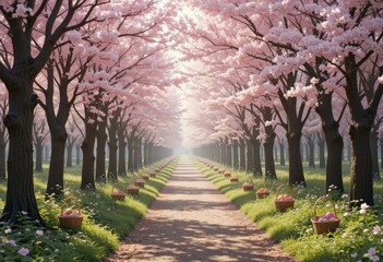 Naklejka premium Tranquil Cherry Blossom Pathway Colorful Easter Baskets Blooming Spring Landscape - Easter Celebration Spring Event Marketing