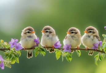 Obraz premium Four Adorable Baby Birds Perched on a Branch Surrounded by Purple Flowers in a Beautiful Natural Setting