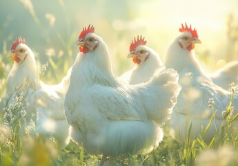 Fototapeta premium Four White Chickens in a Sunlit Meadow with Bokeh Effect and Soft Focus on a Beautiful Spring Morning