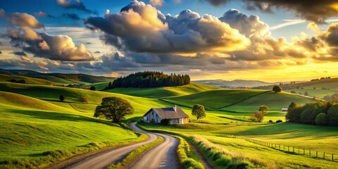 Obraz premium Serene Countryside Landscape: Rolling Hills, Farmland, and Blue Sky Stock Photo
