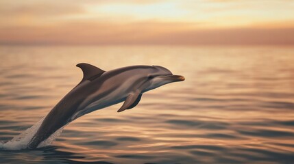 Fototapeta premium Dolphin leaps gracefully above calm waters at sunset, capturing