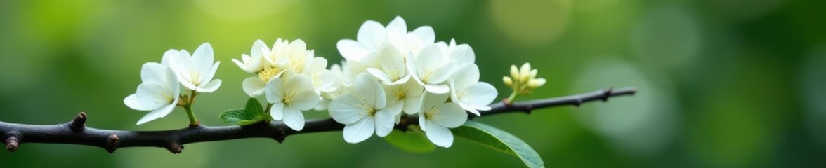 Obraz premium White hydrangea blooms on a bare black branch with green stem, spring, plant, branch