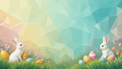 Modern Vector Illustration Two Cute White Rabbits Colorful Easter Eggs Spring Flowers Geometric Pastel Background - Easter Celebration Marketing Materials