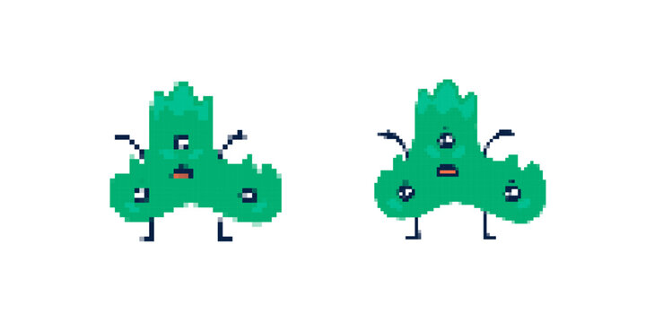 "two pixel art monsters with multiple eyes and expressive faces. each has a vibrant green body.".