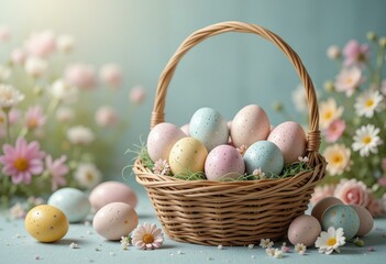 Pastel Wicker Basket Filled Colorful Decorated Easter Eggs Spring Flowers Light Blue Background - Easter Celebration, Holiday Marketing, Social Media Content
