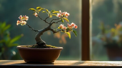 Beautiful Bonsai Tree Blooming with Pink Flowers in Morning Light