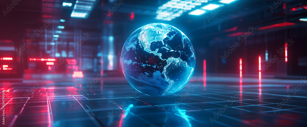 Poster a glowing earth floating in a futuristic digital environment with red and blue neon lights, symboliz