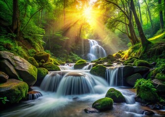 Fototapeta premium Serene Forest Waterfall: Lush Greenery, Cascading River Stream