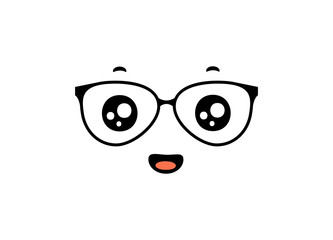 Adorable cartoon face with big eyes, glasses, a small smile, and a simple, cute design.