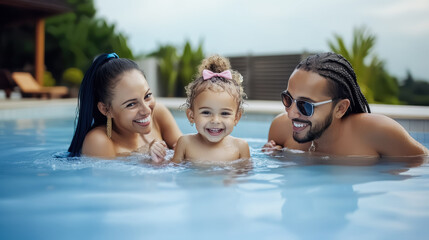 Obraz premium Happy hispanic family enjoying pool time with smiling child at tropical resort