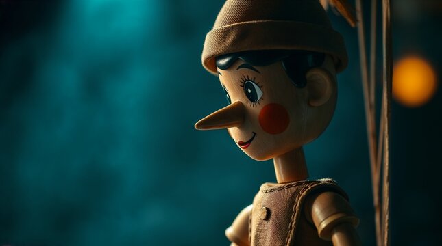 Portrait of Pinocchio on the Stage of a Puppet Theater Under Dramatic Lighting