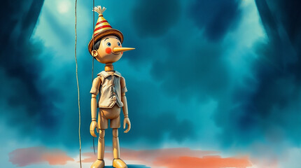 Portrait of Pinocchio on the Stage of a Puppet Theater Under Dramatic Lighting