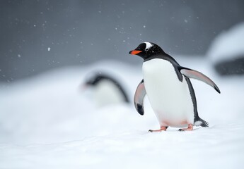 Obraz premium Gentle penguin standing on snow-covered ground with delicate snowflakes falling in a serene winter landscape, showcasing nature's beauty and wildlife grace.