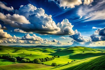 Obraz premium Serene Green Hills Silhouette: Peaceful Landscape Under Blue Sky with Fluffy Clouds