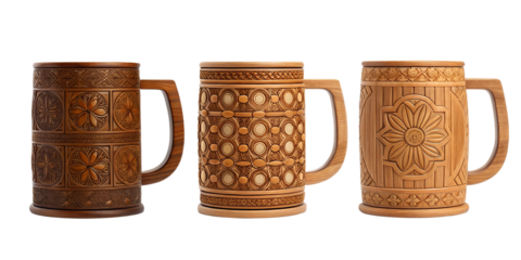 Wooden Mugs with Detailed Patterns and Artisan Craftsmanship, PNG Transparent