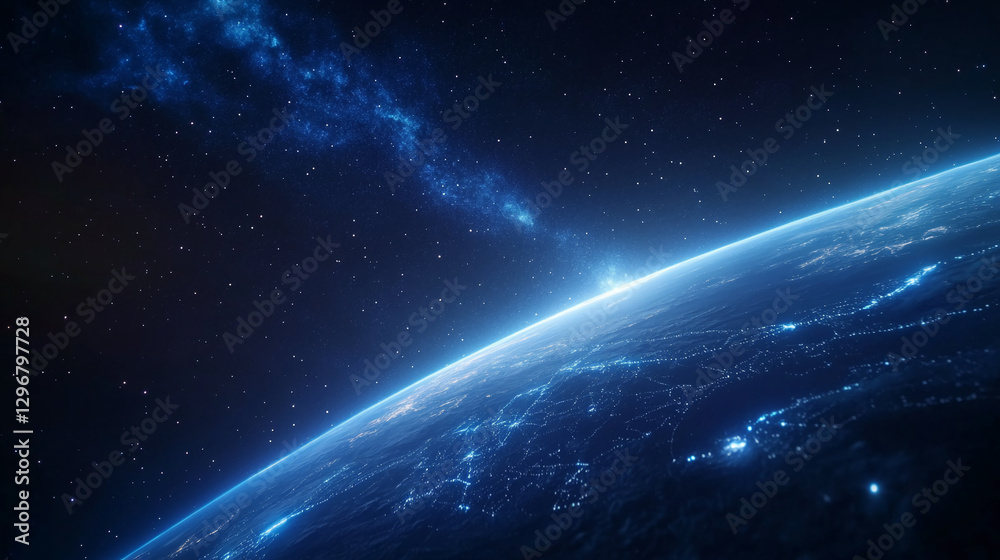 Poster A close-up view of Earth from space with glowing network lines, showcasing global connectivity and the technological evolution, representing the future of communication