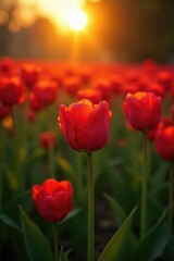 Fototapeta premium Golden sunrise dew glistens on red tulip fields, dawn, golden light, field