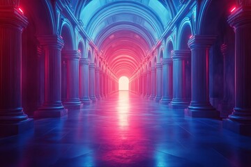 Obraz premium Neon Glowing Columns Classic Architecture Hallway Pink Blue Vibrant Retro Futuristic Digital Art Background 3D Render Modern Elegant Design Interior 