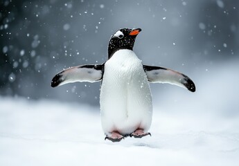 Obraz premium Gentoo Penguin Displaying Unique Stance in a Snowy Landscape with Flurries of Snowflakes in a Winter Wonderland Setting
