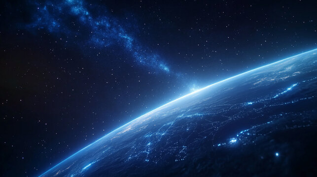 A close-up view of Earth from space with glowing network lines, showcasing global connectivity and the technological evolution, representing the future of communication
