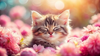 Serene Kitten Amidst Blooming Pink Flowers - Soft Bokeh Photography