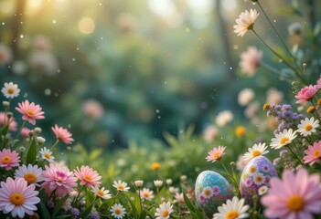 Colorful Easter Eggs Nestled Daisies Blurred Garden - Vibrant Spring Celebration Easter Marketing Decor