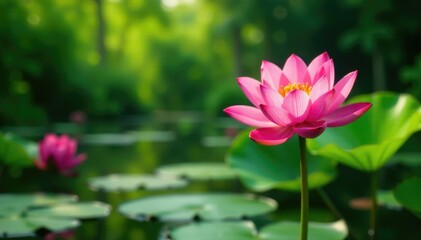 Obraz premium Pink water lily in full bloom amidst lush greenery and reeds, greenery, peaceful