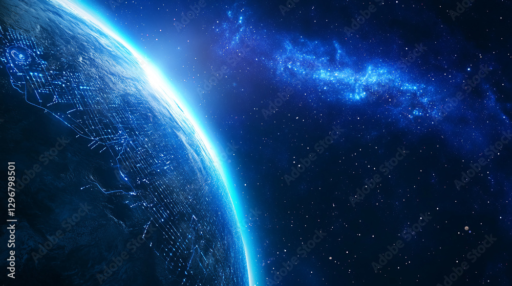 Aufkleber A view of Earth from space, showcasing glowing digital connections on the planetâ€™s surface, with a backdrop of stars and a galaxy, symbolizing global networks and digital connections.