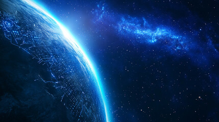 Fototapeta premium A view of Earth from space, showcasing glowing digital connections on the planetâ€™s surface, with a backdrop of stars and a galaxy, symbolizing global networks and digital connections.