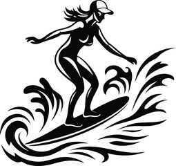 Young female surfer riding a wave silhouette vector illustration, female surfer riding a wave line art vector icon design