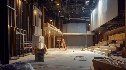 A modern theater being constructed with acoustically engineered walls and contemporary seating