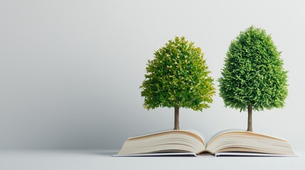 Nature’s wisdom growing trees from an open book indoor setting conceptual art minimalist viewpoint