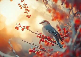 Graceful bird perched on vibrant red berries amidst warm sunrise hues in a peaceful nature setting for tranquil wildlife imagery