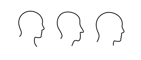 Three simple outlines of human head profiles showing side and front views.