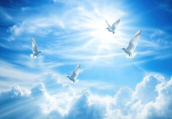 Fototapeta premium Graceful Birds Soaring Through Serene Blue Sky with Bright Rays of Sunlight Illuminating Fluffy White Clouds and a Calm Atmosphere of Freedom and Peace