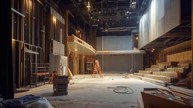 A modern theater being constructed with acoustically engineered walls and contemporary seating