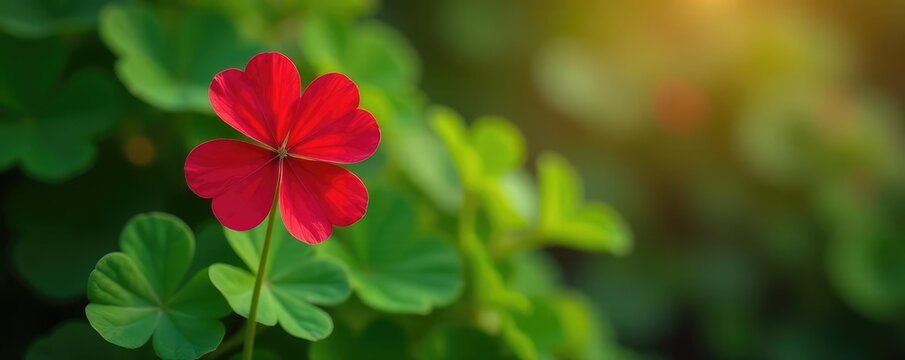 Single large red three-petaled clover with an extra leaf, stem, leaves