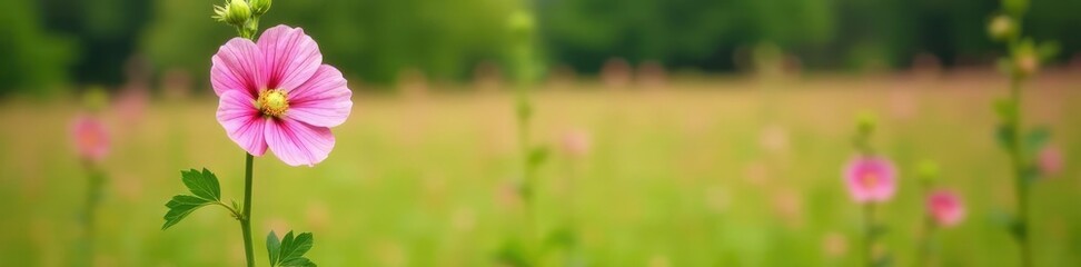 Fototapeta premium Single pink hollyhock stem with leaves in a field or meadow landscape, botanical, petal, nature