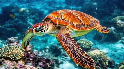 Obraz premium Colorful Sea Turtle Swimming Gracefully Among Coral Reefs