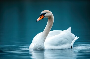 Fototapeta premium Graceful swan gliding smoothly across tranquil blue water reflecting soft light and showcasing stunning feathers in serene natural environment
