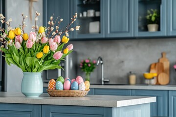 Kitchen decorated for Easter with Easter eggs and spring flowers on the counter top	