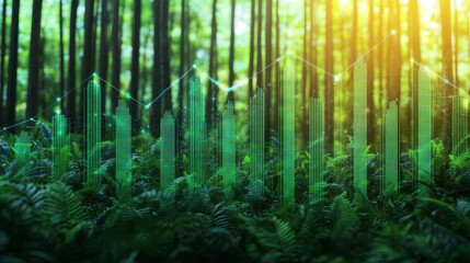Naklejka premium Innovative data visualization in lush forest nature analysis digital art green environment upward perspective concept
