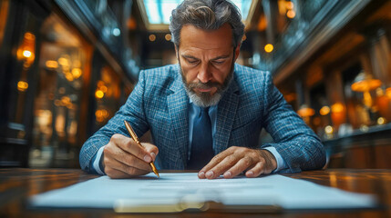 Obraz premium A businessman in a suit signing an important contract with a golden pen