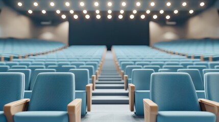 Rows of Blue Seats in Auditorium Conference Hall Presentation Room Empty Gathering Space Interior