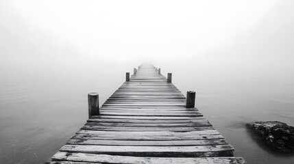 Obraz premium Abandoned wooden pier extending into a vast, misty sea, evoking solitude and nostalgia in monochrome tones