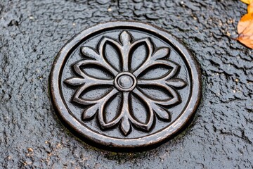 A gothic-style zinc emblem engraved into a black stone surface